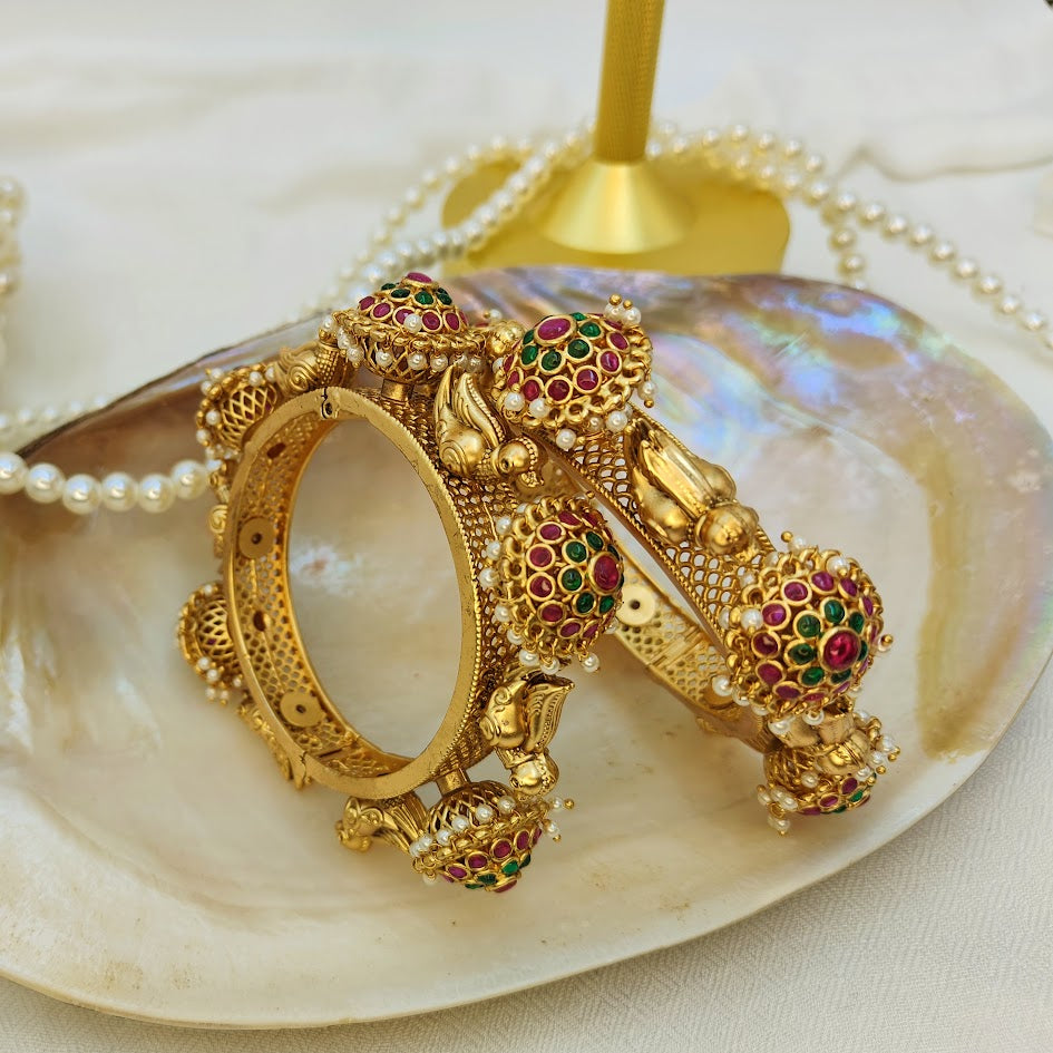 Ruby and green stones pacheli style kadas with bird design (single)