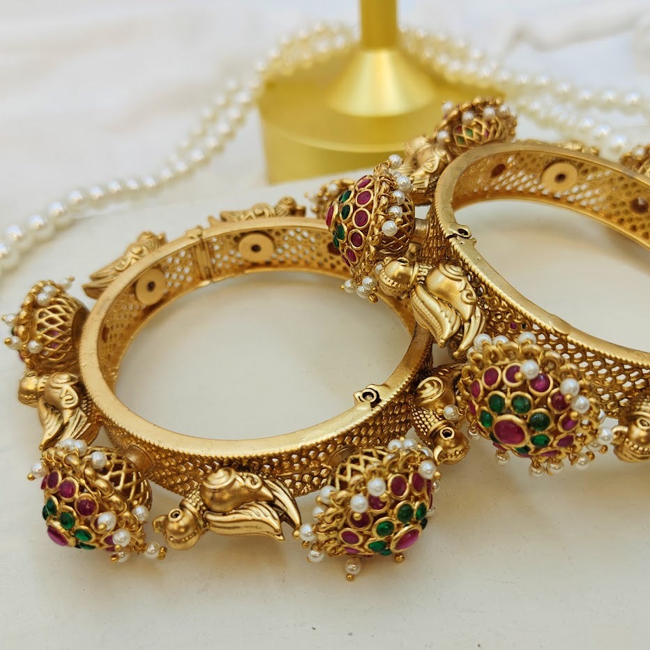 Ruby and green stones pacheli style kadas with bird design (single)