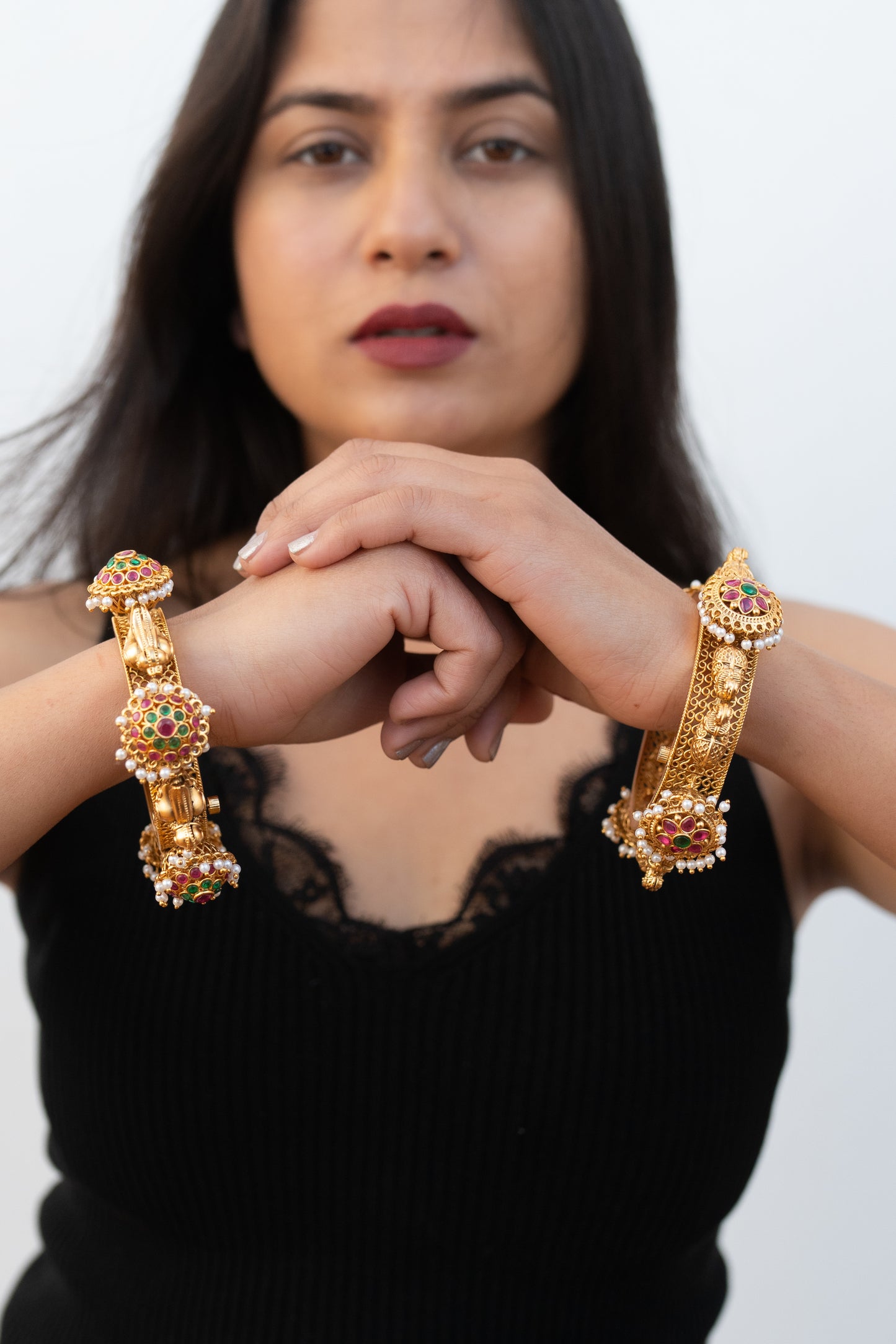 Ruby and green stones pacheli style kadas with bird design (single)