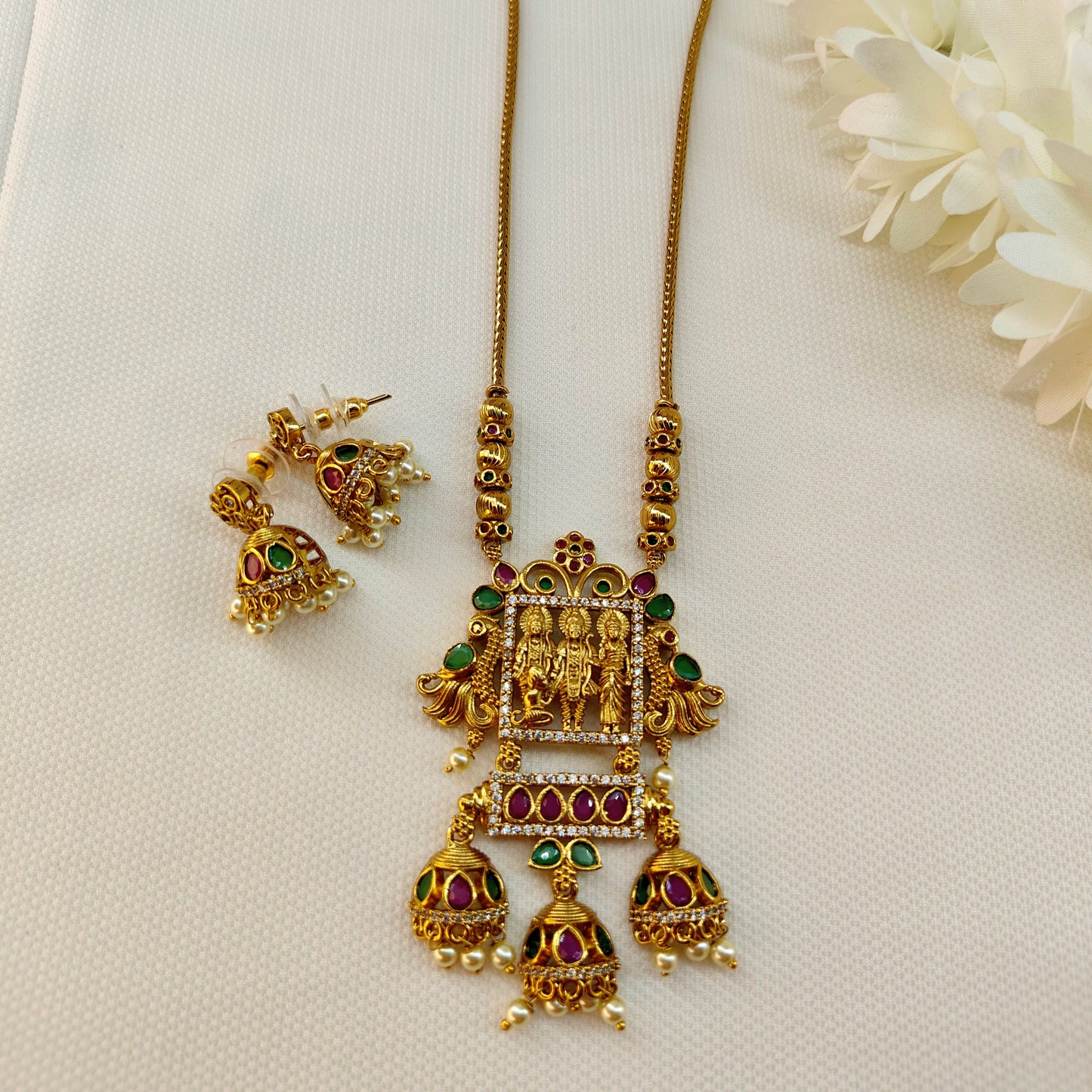Ruby Green Antique Gold Long Pendant Set