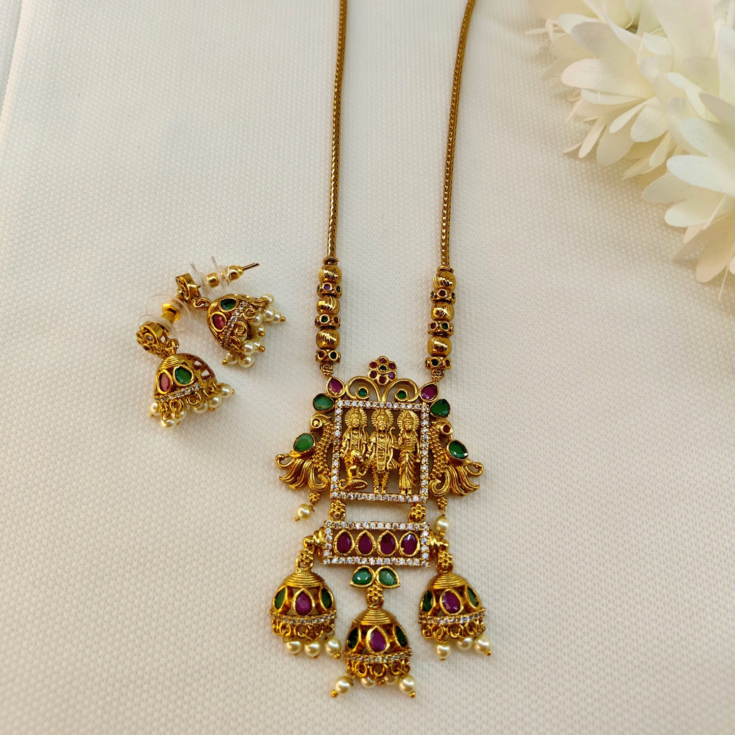 Ruby Green Antique Gold Long Pendant Set