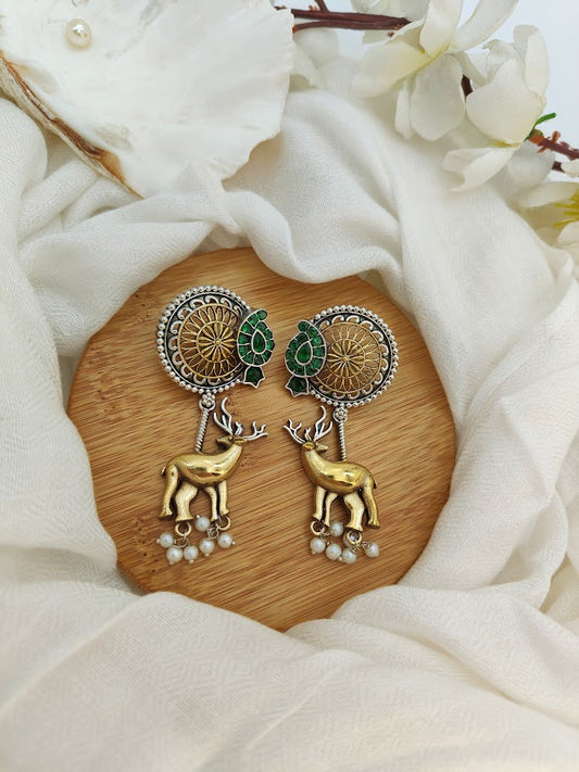 Emerald Elegant Dual-Tone Dear Earrings