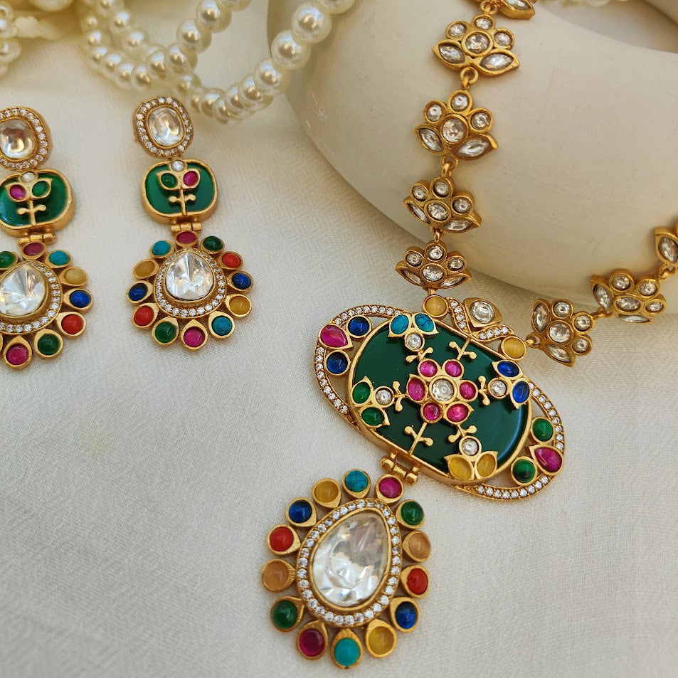 Stunning Navratan Polki Long Necklace