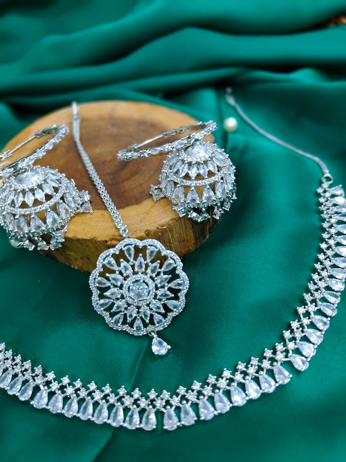 Premium American Diamond Necklace With Maang Tikka