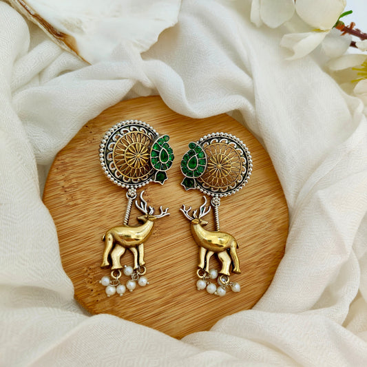 Emerald Elegant Dual-Tone Dear Earrings