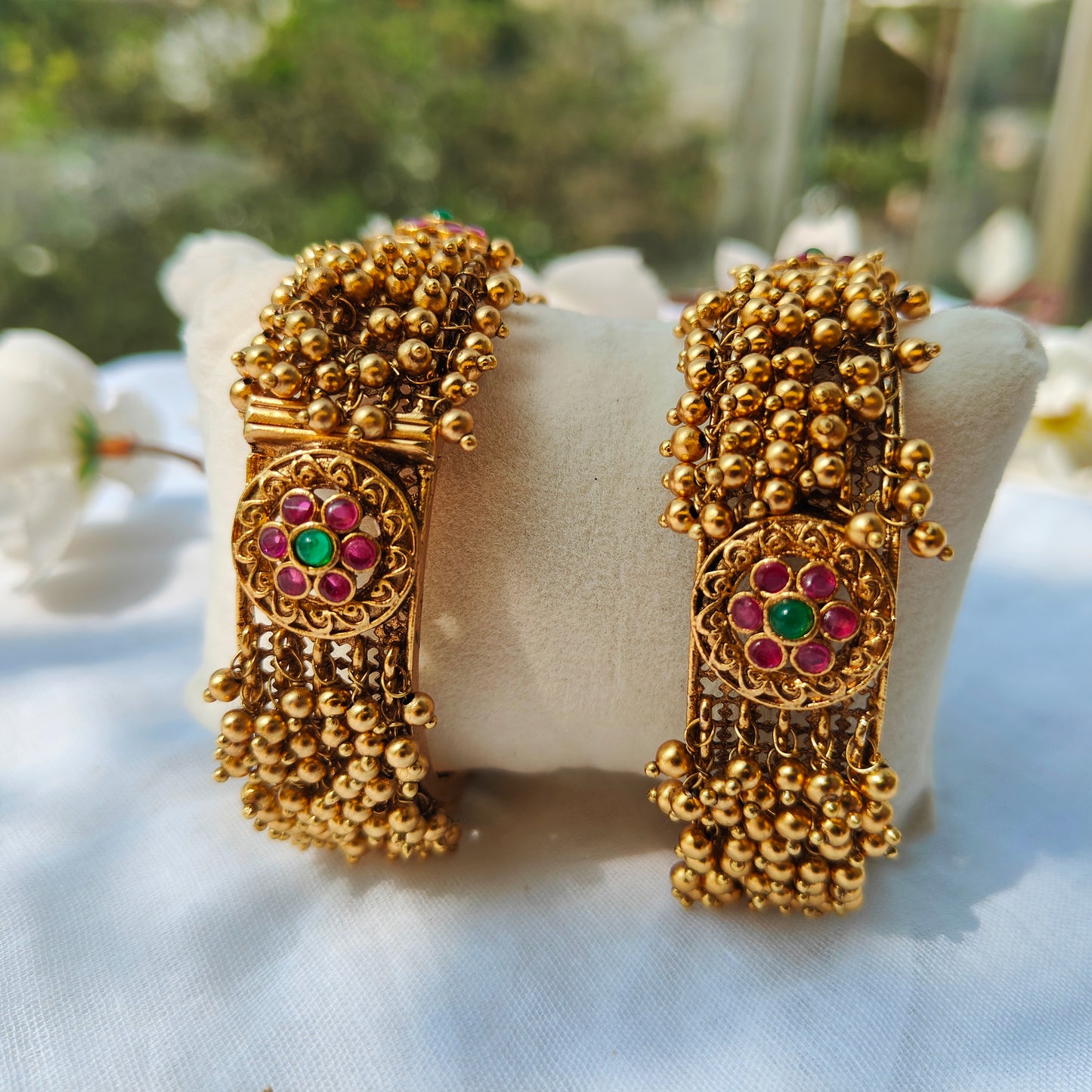 Gold beads with Ruby & green Kundan work traditional Kadas (set of 2)