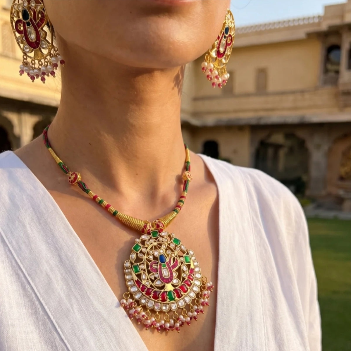 Jadau Kundan Shrinathji necklace set with traditional Dori
