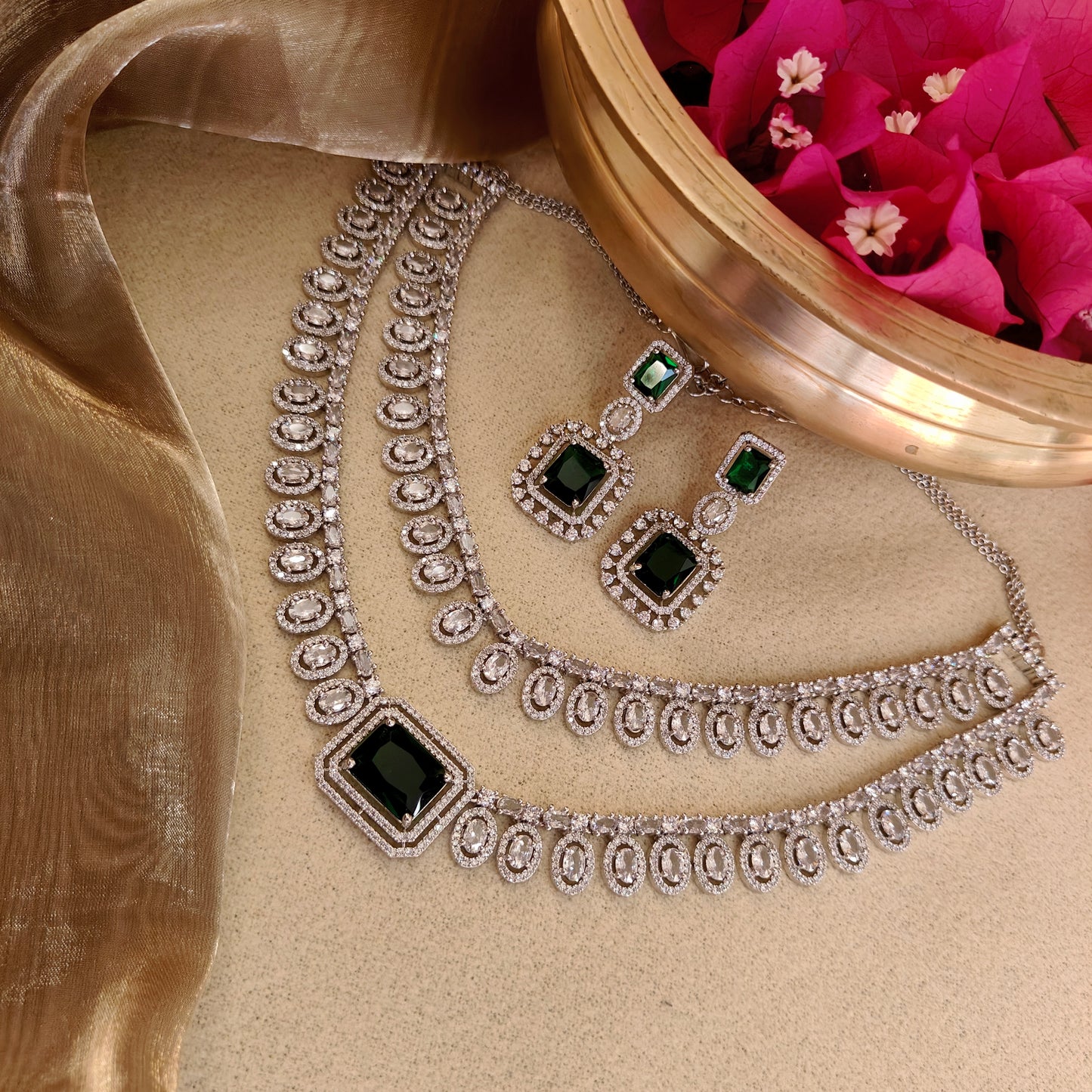 Emerald green American diamond necklace set