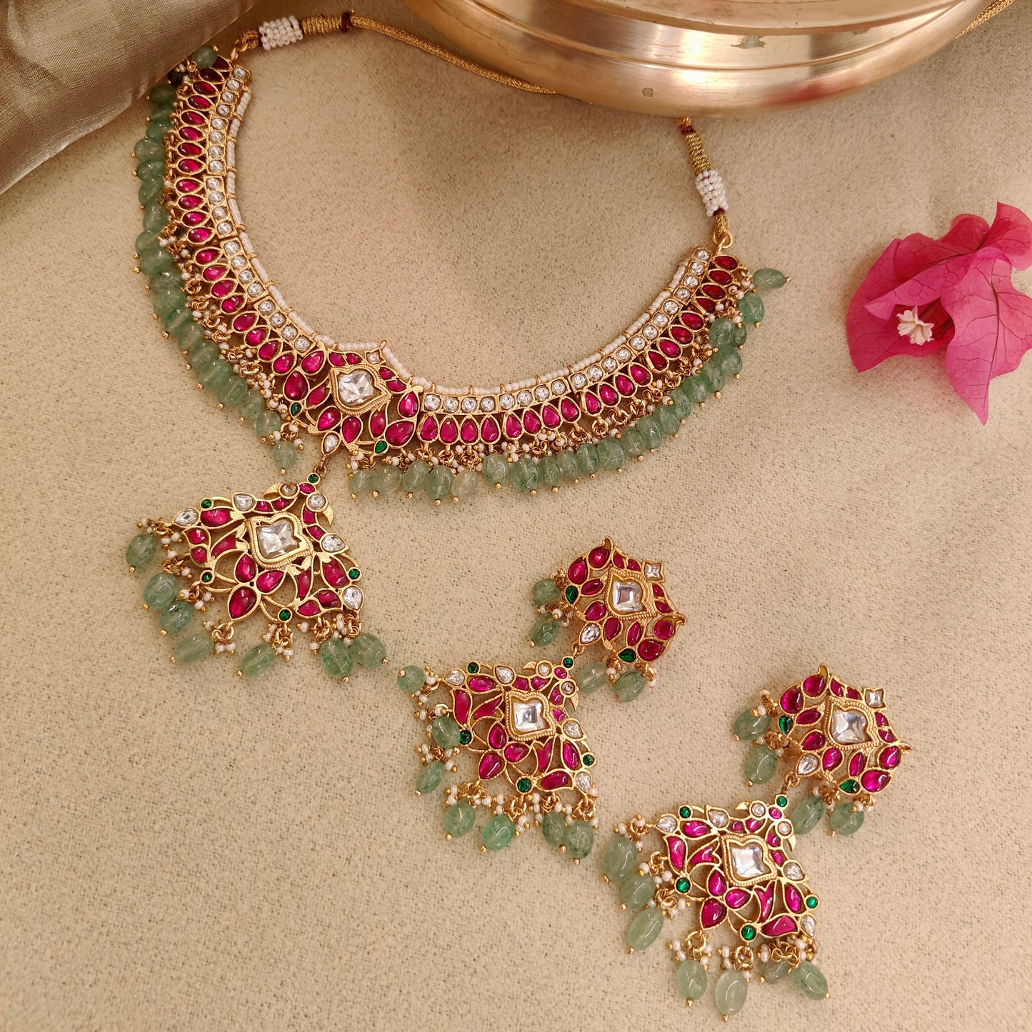 Ruby Green Jadav Kundan Necklace Set