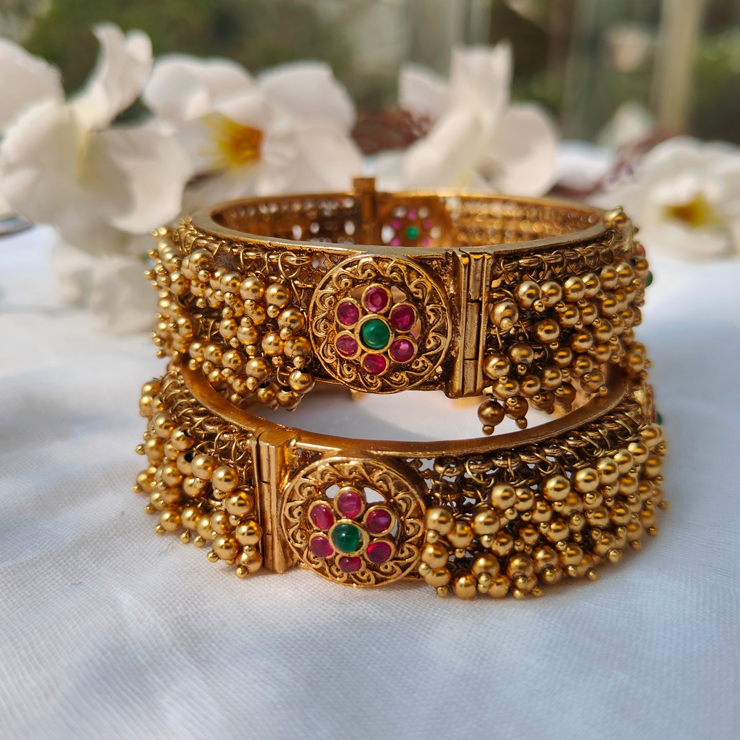 Gold beads with Ruby & green Kundan work traditional Kadas (set of 2)